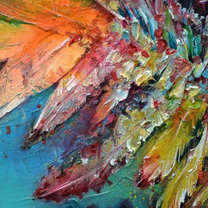 PLUMAGE FIRE: Vibrant Abstract Feather Oil Painting | rectangular format, hand-painted canvas edge