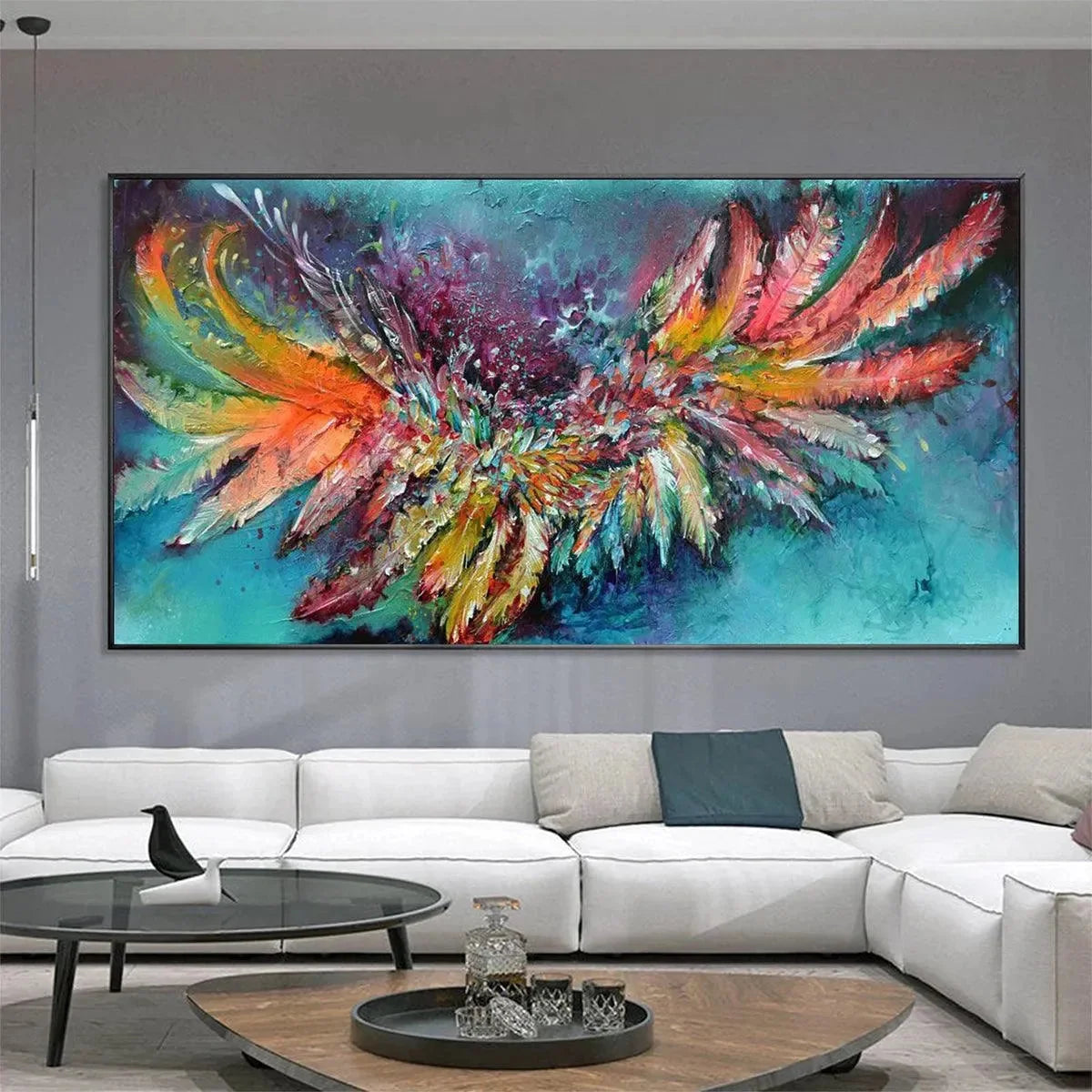 PLUMAGE FIRE: Vibrant Abstract Feather Oil Painting | gold frame stretched on neutral wall