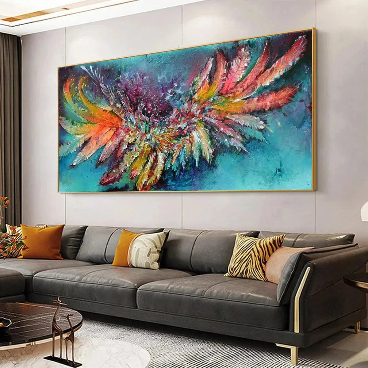 PLUMAGE FIRE: Vibrant Abstract Feather Oil Painting | rolled canvas, ready for custom framing