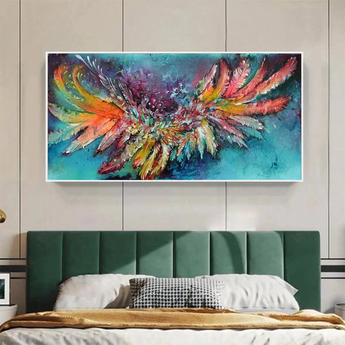 PLUMAGE FIRE: Vibrant Abstract Feather Oil Painting | black frame version on white wall