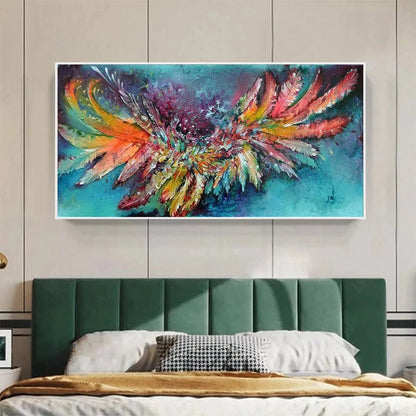 PLUMAGE FIRE: Vibrant Abstract Feather Oil Painting | black frame version on white wall