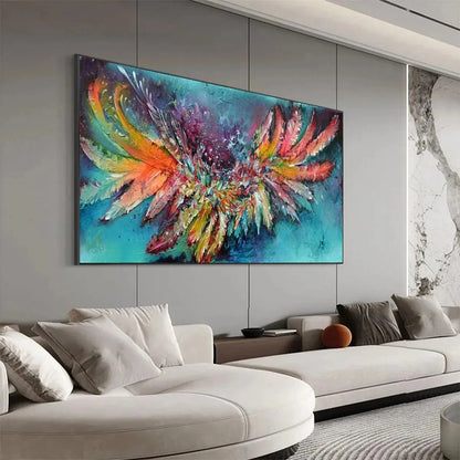 PLUMAGE FIRE: Vibrant Abstract Feather Oil Painting | Figurative mood, soft natural light studio shot