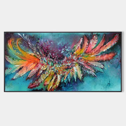 PLUMAGE FIRE: Vibrant Abstract Feather Oil Painting | hanging in living room, Figurative wall art