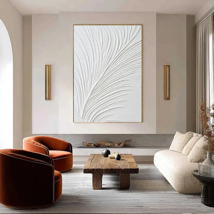 PLUME: Textured Minimalist Wabi Sabi Feather Painting | Minimalist closeup, raised brushwork detail