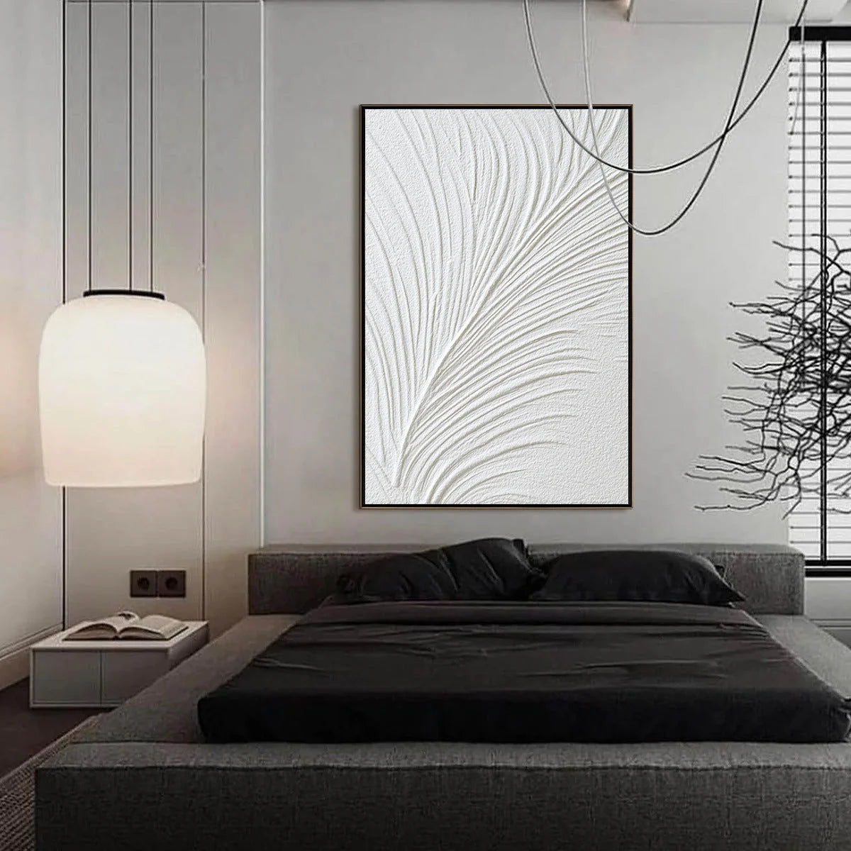 PLUME: Textured Minimalist Wabi Sabi Feather Painting | gold frame stretched on neutral wall