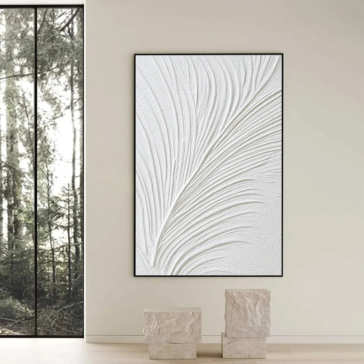 PLUME: Textured Minimalist Wabi Sabi Feather Painting | black frame version on white wall