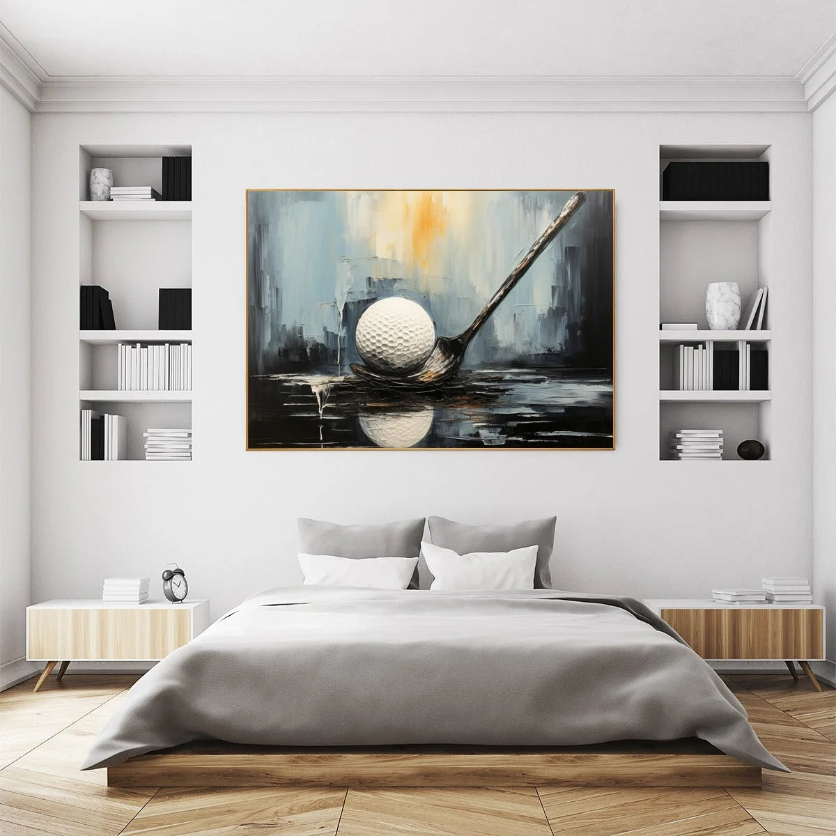 POISED: Textured Minimalist Golf Still Life Oil Painting | gold frame stretched on neutral wall