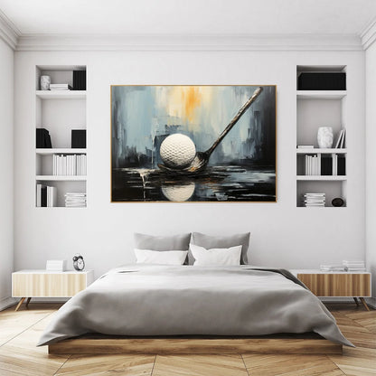POISED: Textured Minimalist Golf Still Life Oil Painting | gold frame stretched on neutral wall