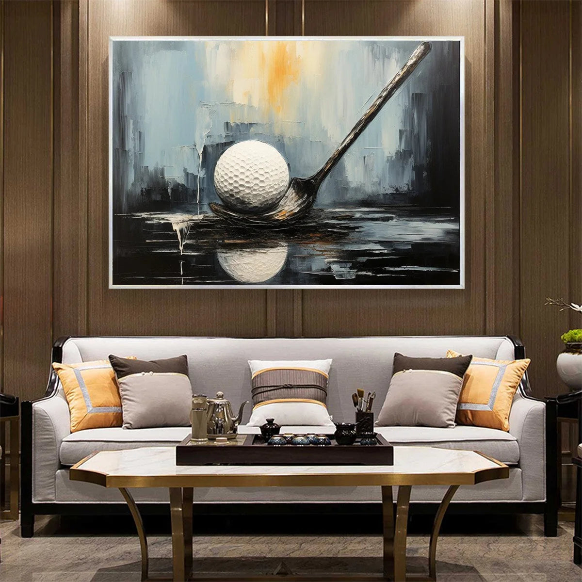 POISED: Textured Minimalist Golf Still Life Oil Painting | black frame version on white wall