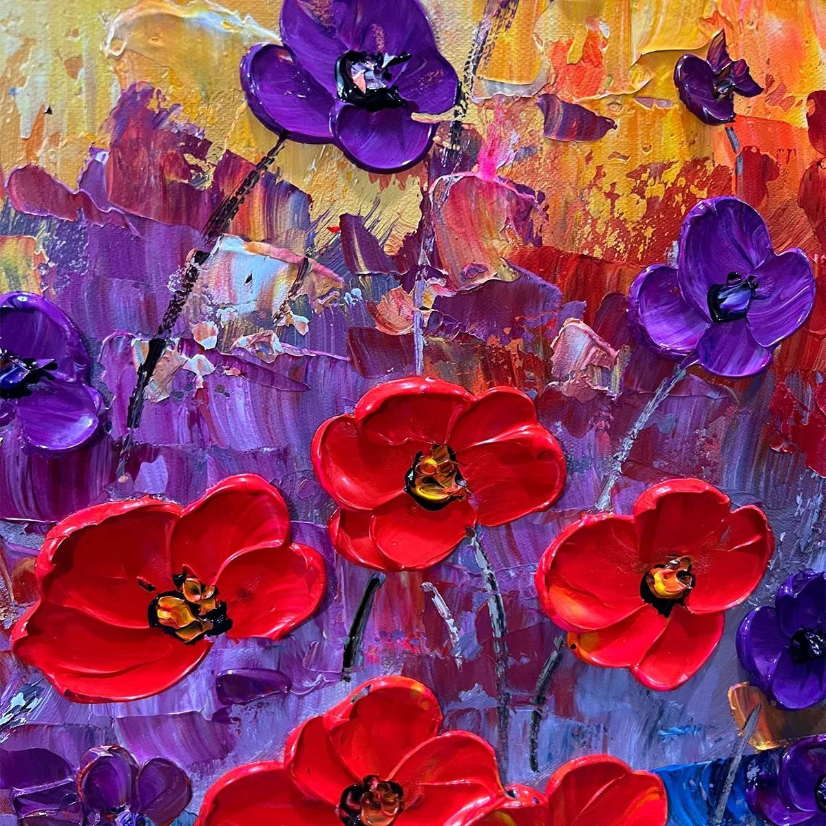 POPPY FIELD SYMPHONY: Textured Impasto Floral Oil Painting | rectangular format, hand-painted canvas edge