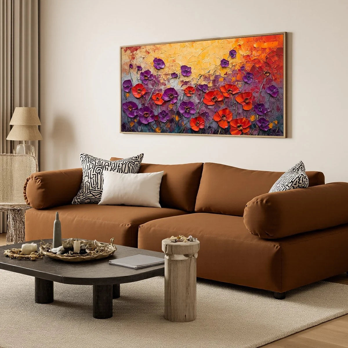 POPPY FIELD SYMPHONY: Textured Impasto Floral Oil Painting | gold frame stretched on neutral wall