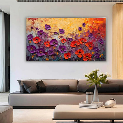 POPPY FIELD SYMPHONY: Textured Impasto Floral Oil Painting | black frame version on white wall