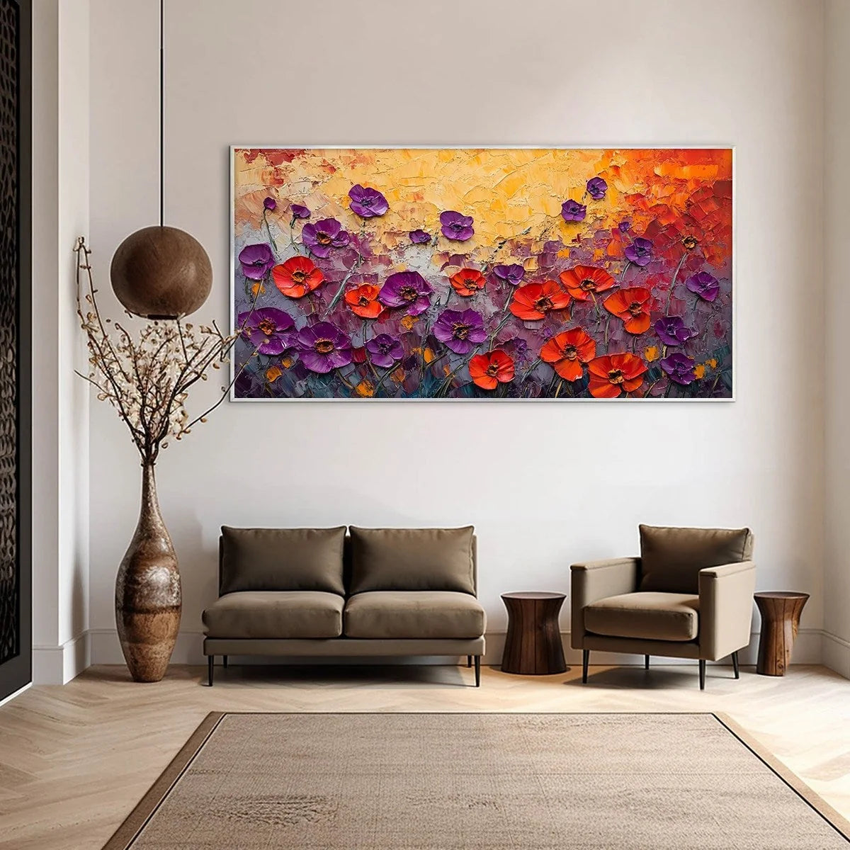 POPPY FIELD SYMPHONY: Textured Impasto Floral Oil Painting | Abstract mood, soft natural light studio shot
