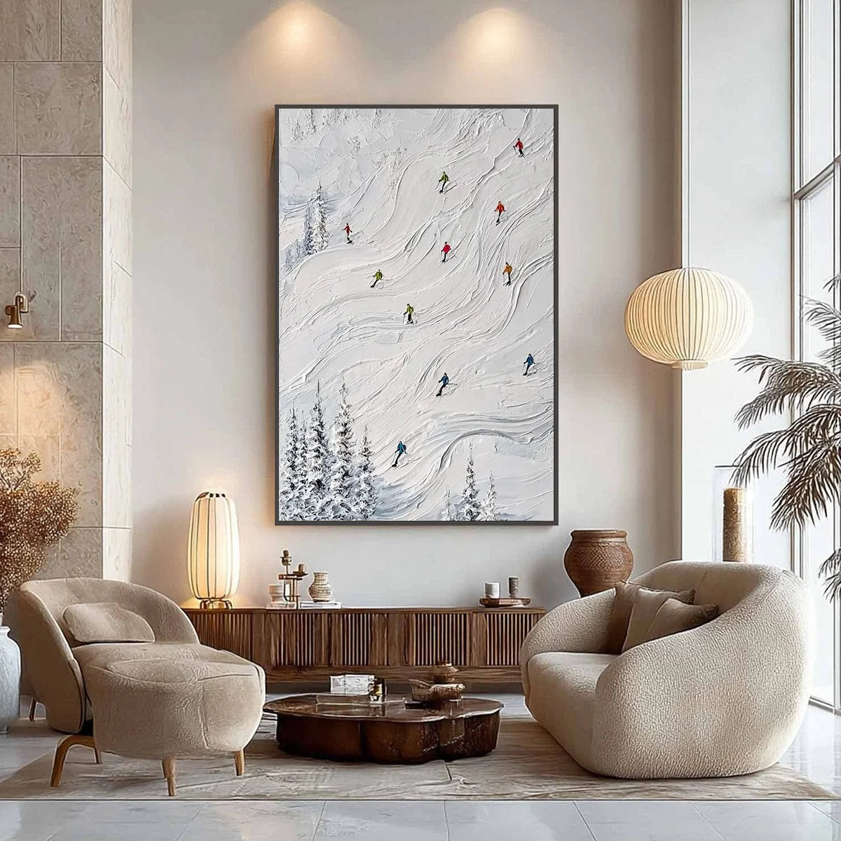 POWDER DAY: Textured Impasto Ski Slope Wall Art | gold frame stretched on neutral wall