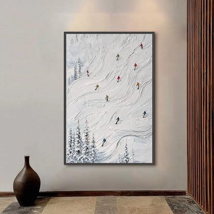 POWDER DAY: Textured Impasto Ski Slope Wall Art | black frame version on white wall
