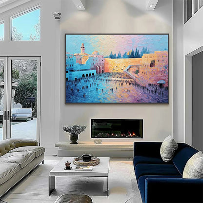 ETERNAL PRAYER: Textured Impasto Painting of Jerusalem's Western Wall | gold frame stretched on neutral wall