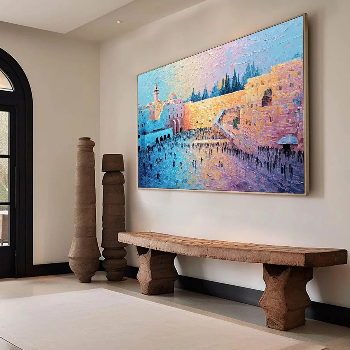 ETERNAL PRAYER: Textured Impasto Painting of Jerusalem's Western Wall | beige palette, original Hand-painted on premium stretched canvas using artist-grade oils; rich layered surface combines smoot...