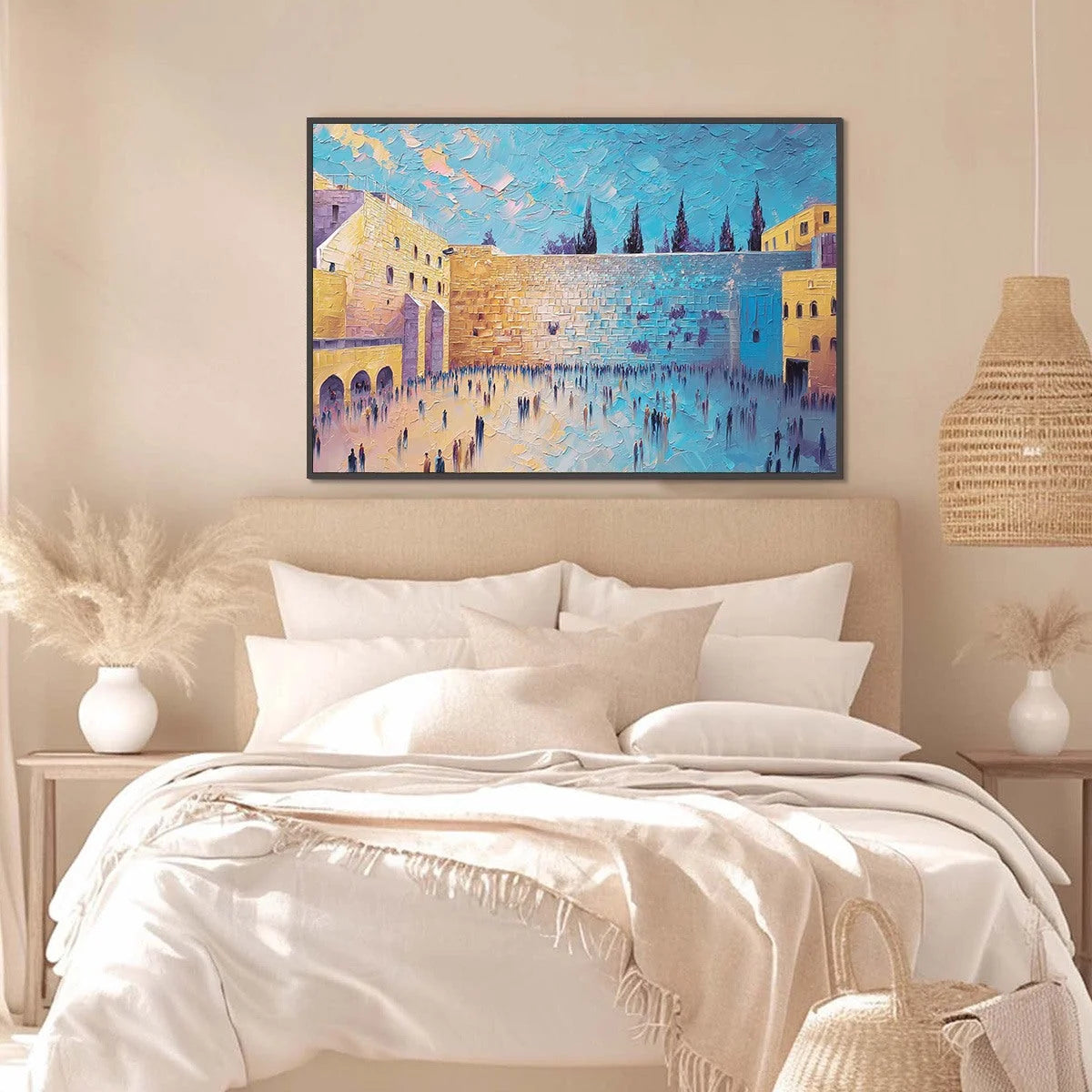 PRAYER'S ECHO: Heavily Textured Impasto Painting of Jerusalem's Western Wall | gold frame stretched on neutral wall