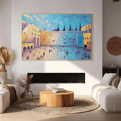 PRAYER'S ECHO: Heavily Textured Impasto Painting of Jerusalem's Western Wall | black frame version on white wall
