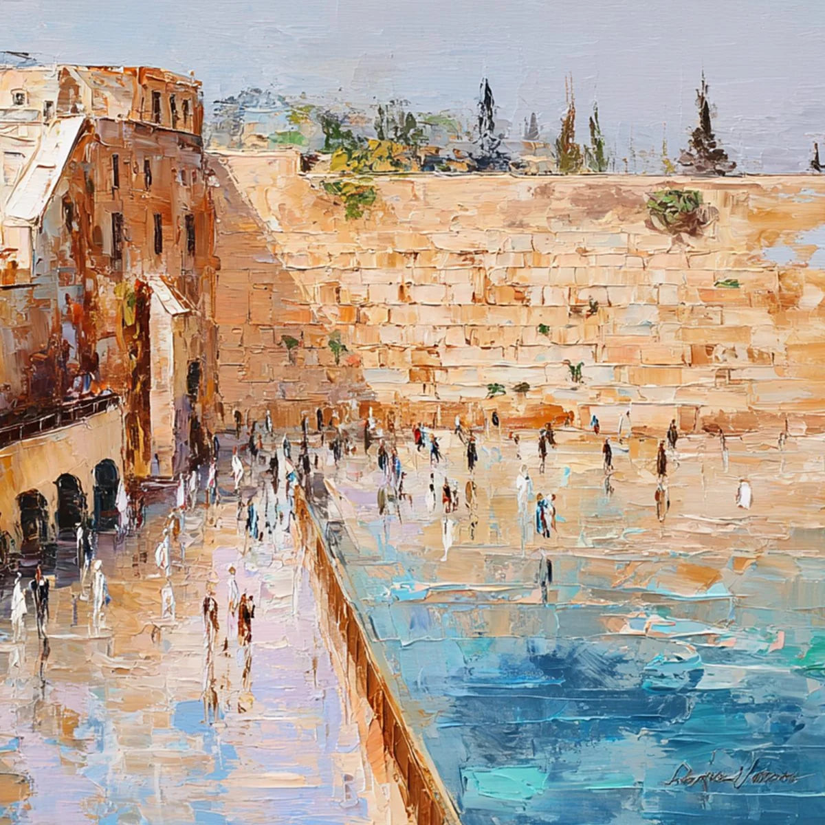PRAYERS IN OCHRE: Textured Palette Knife Jerusalem Cityscape Painting | rectangular format, hand-painted canvas edge