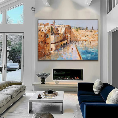 PRAYERS IN OCHRE: Textured Palette Knife Jerusalem Cityscape Painting | gold frame stretched on neutral wall