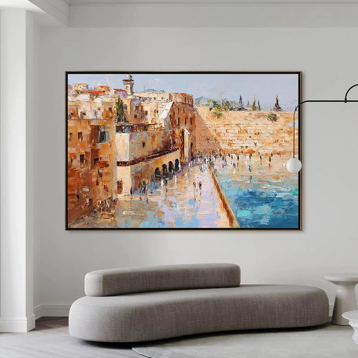 PRAYERS IN OCHRE: Textured Palette Knife Jerusalem Cityscape Painting | black frame version on white wall
