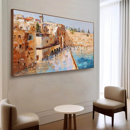 PRAYERS IN OCHRE: Textured Palette Knife Jerusalem Cityscape Painting | Abstract mood, soft natural light studio shot