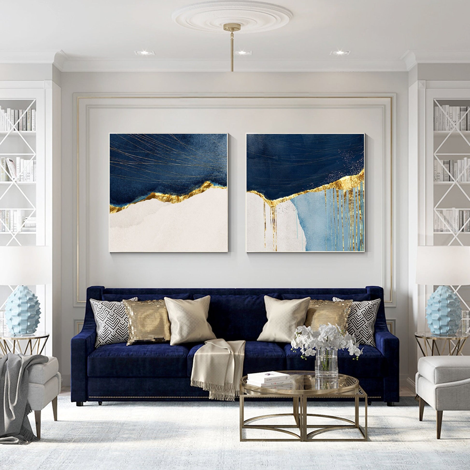 Printable wall art framed 2 pieces navy blue gold wall art print on canvas print #2
