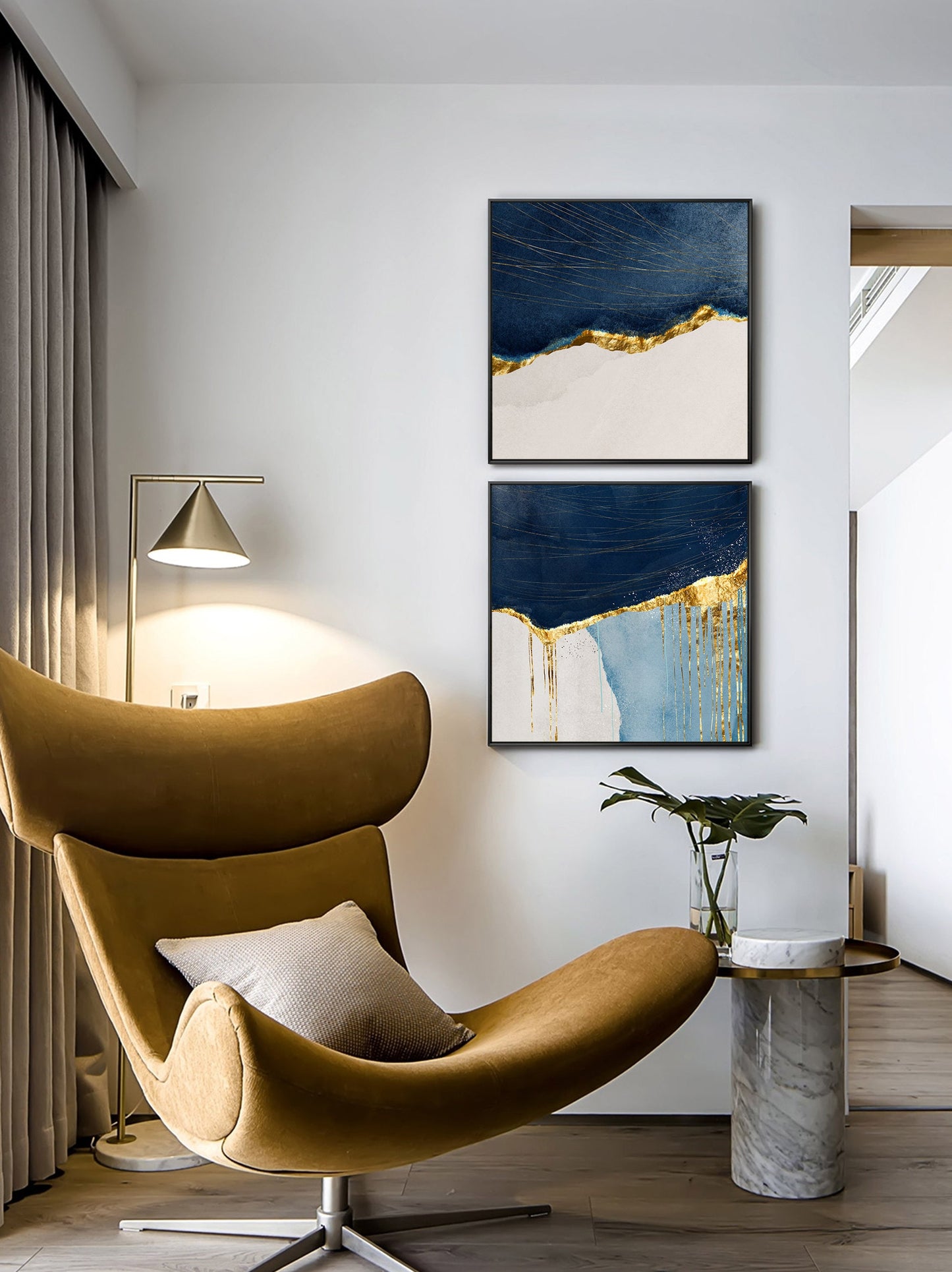 Printable wall art framed 2 pieces navy blue gold wall art print on canvas print #3