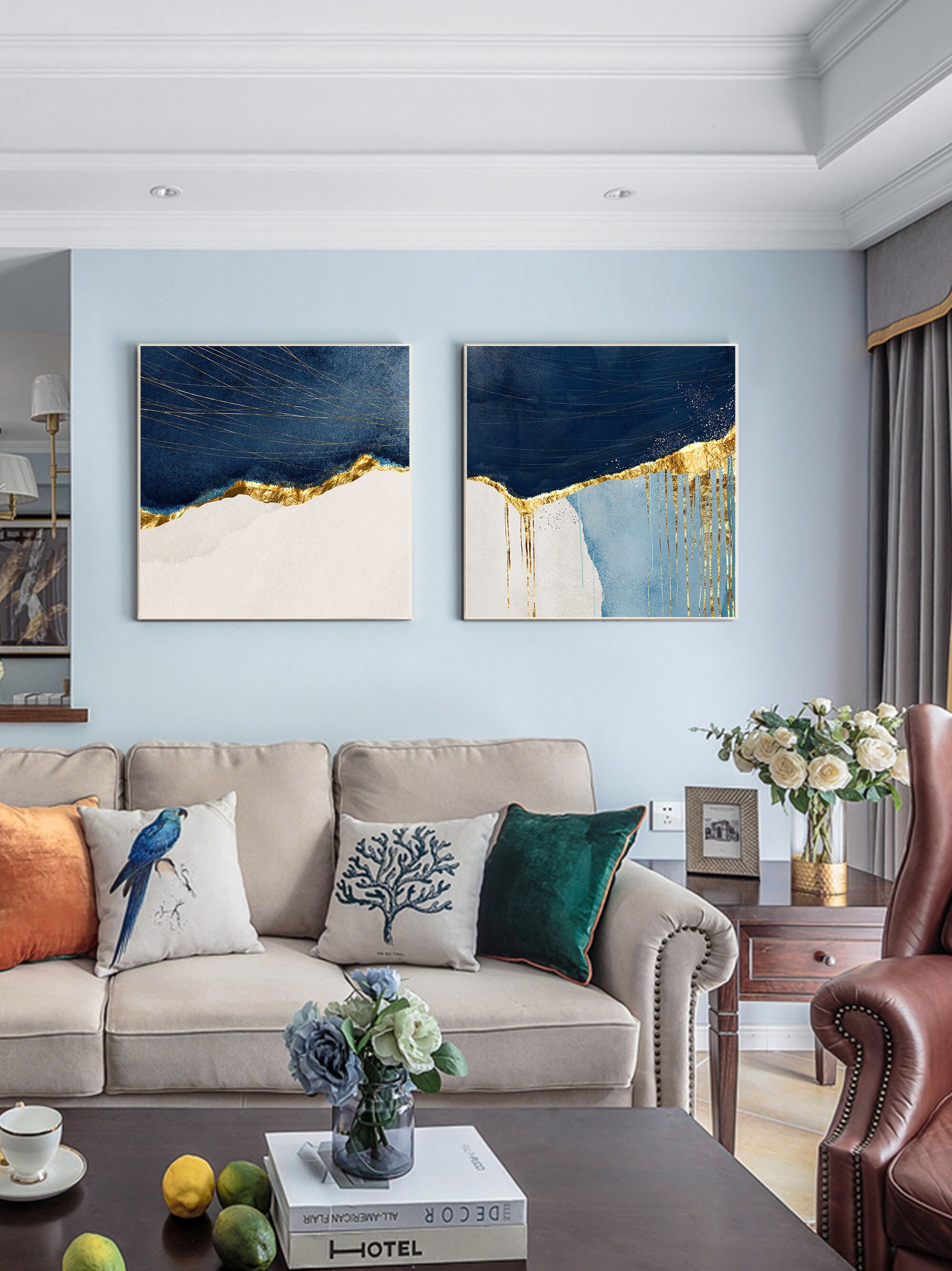 Printable wall art framed 2 pieces navy blue gold wall art print on canvas print #5