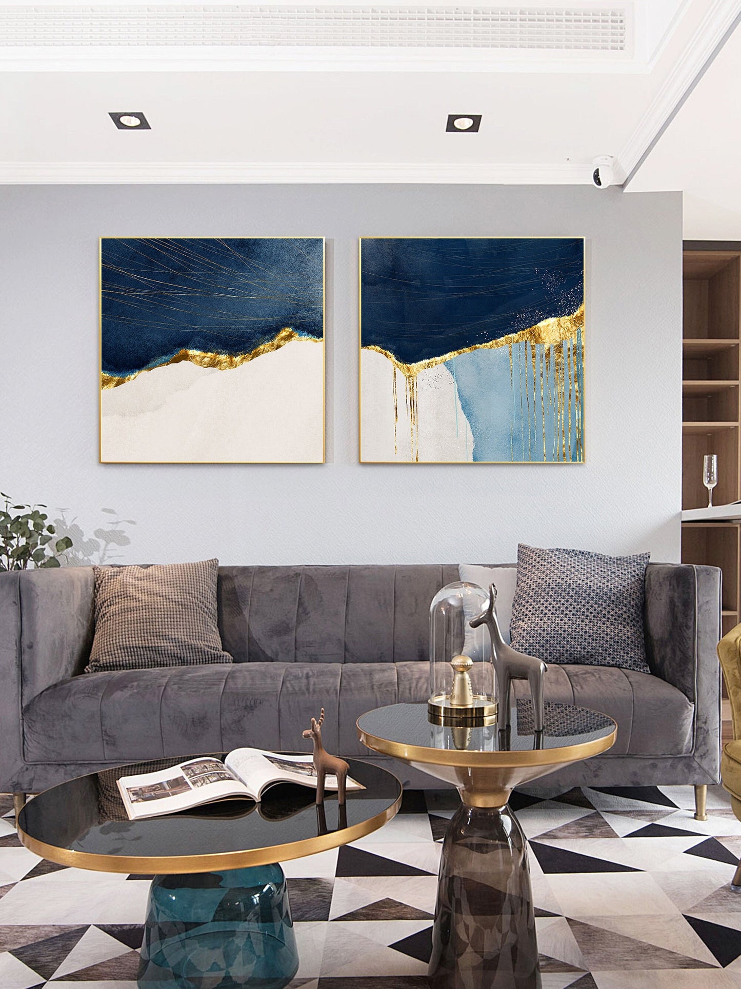 Printable wall art framed 2 pieces navy blue gold wall art print on canvas print #1