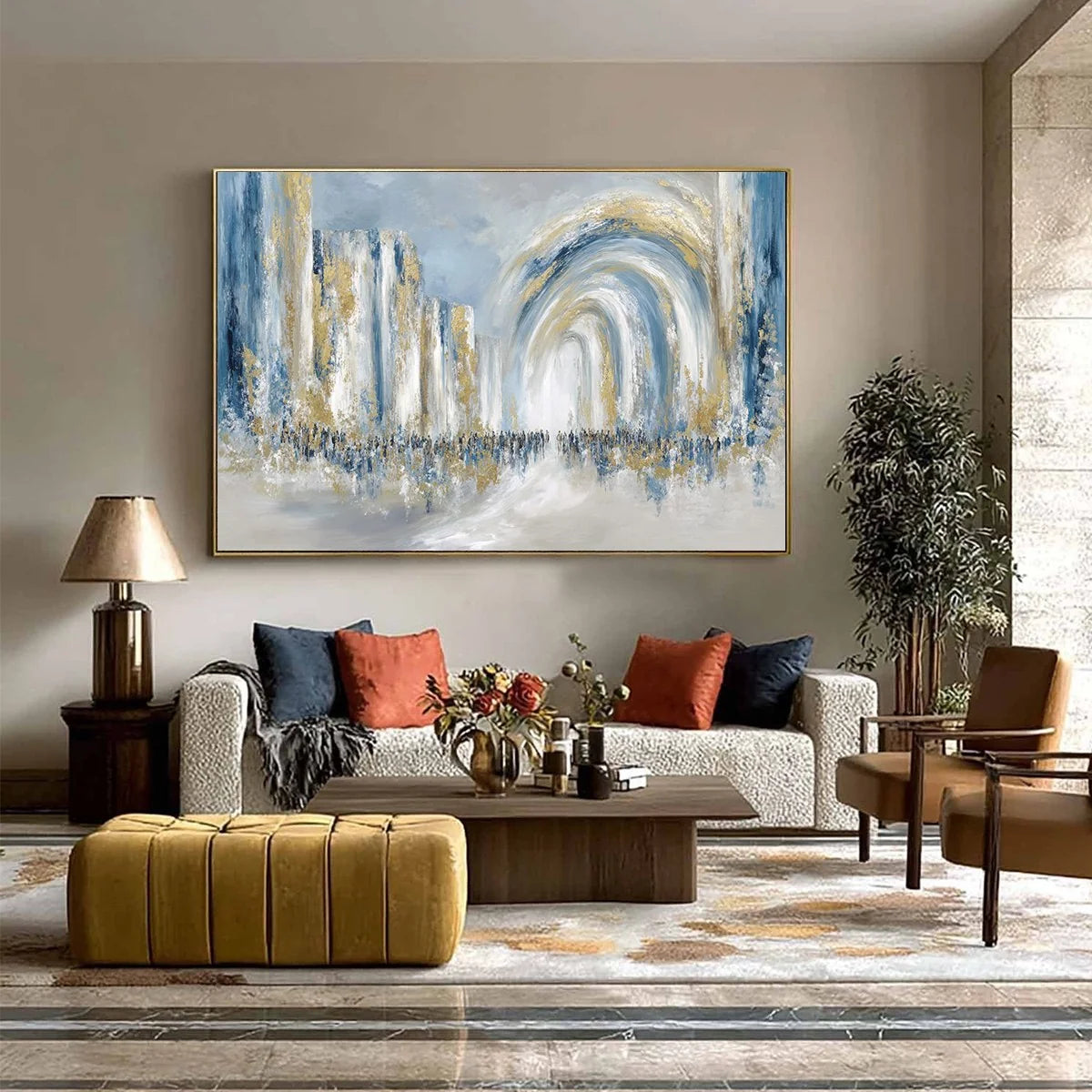 PROCESSION: Textured Abstract Painting of a Golden Journey | gold frame stretched on neutral wall