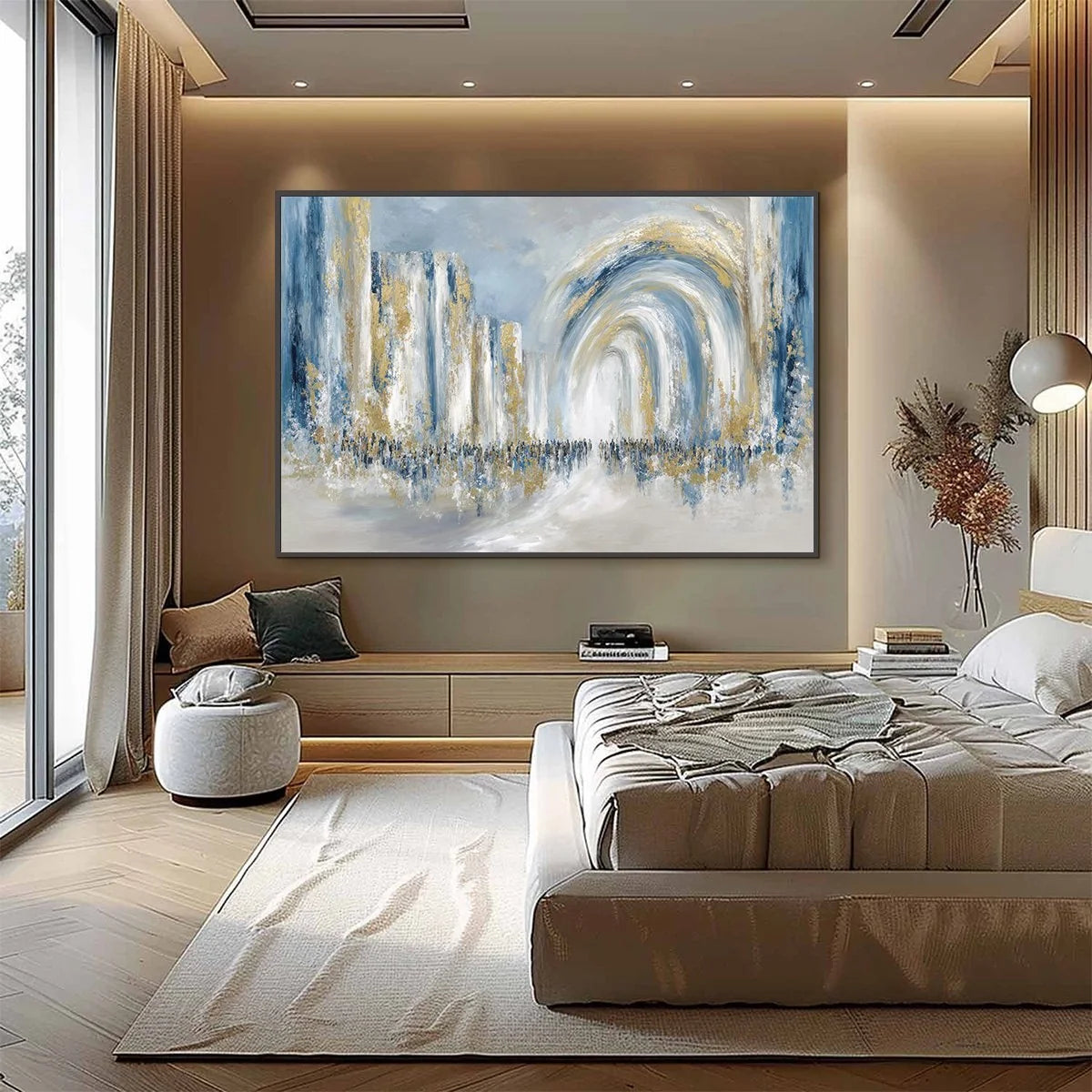 PROCESSION: Textured Abstract Painting of a Golden Journey | black frame version on white wall