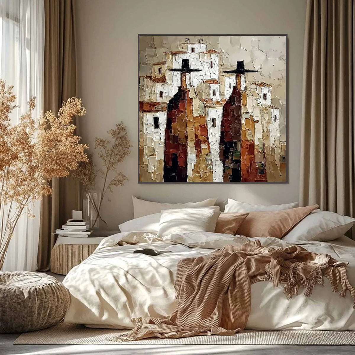 Pueblo Vigilantes Textured Abstract Cityscape Oil Painting | Abstract closeup, raised brushwork detail