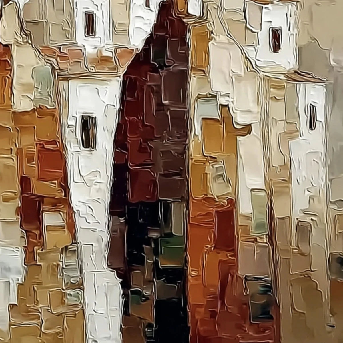 Pueblo Vigilantes Textured Abstract Cityscape Oil Painting | rectangular format, hand-painted canvas edge