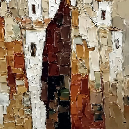 Pueblo Vigilantes Textured Abstract Cityscape Oil Painting | rectangular format, hand-painted canvas edge