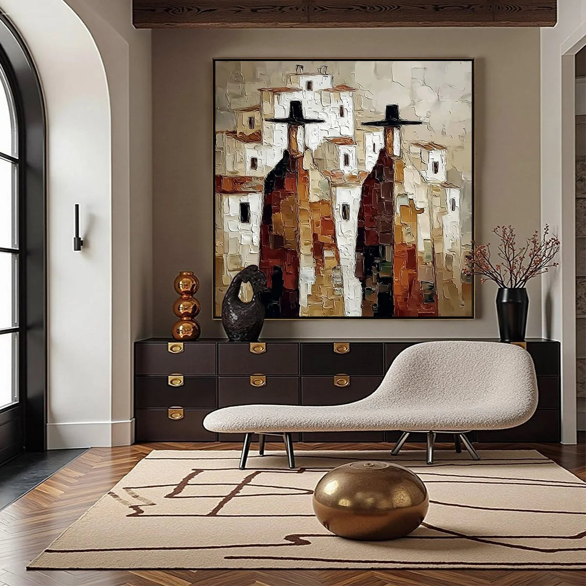 Pueblo Vigilantes Textured Abstract Cityscape Oil Painting | gold frame stretched on neutral wall