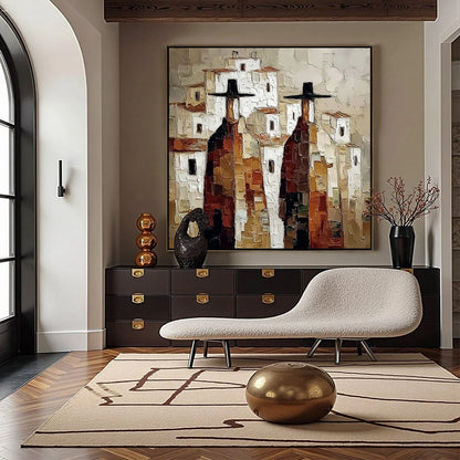 Pueblo Vigilantes Textured Abstract Cityscape Oil Painting | gold frame stretched on neutral wall