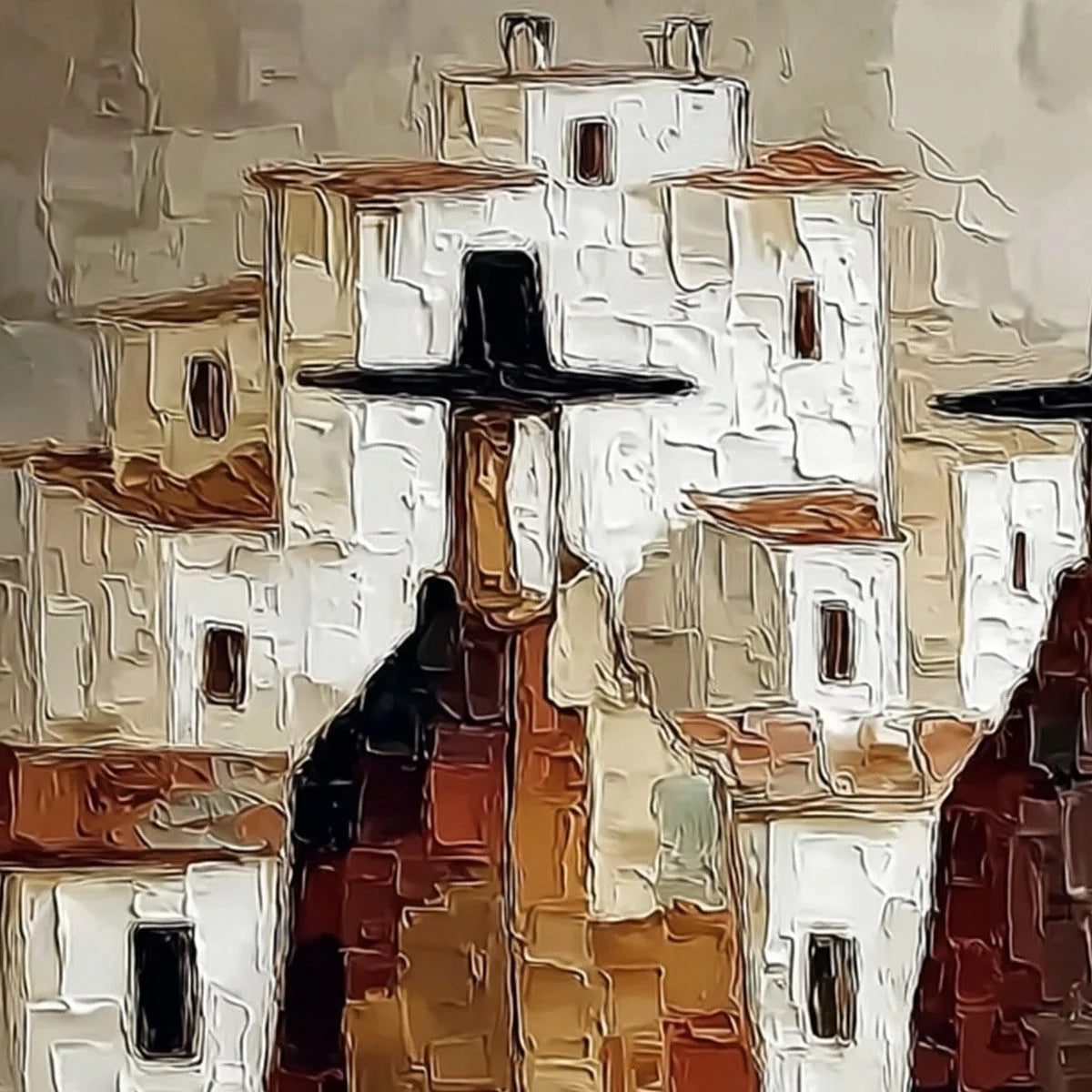 Pueblo Vigilantes Textured Abstract Cityscape Oil Painting | rolled canvas, ready for custom framing