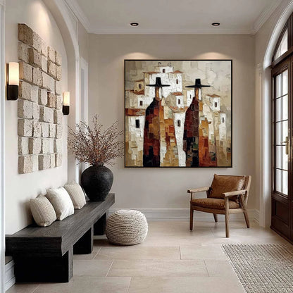 Pueblo Vigilantes Textured Abstract Cityscape Oil Painting | black frame version on white wall