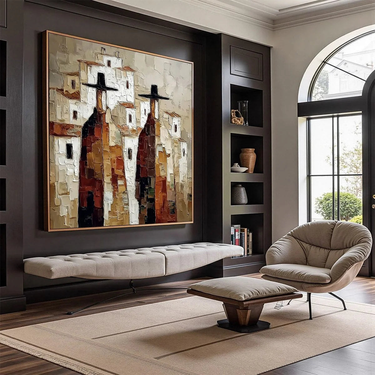 Pueblo Vigilantes Textured Abstract Cityscape Oil Painting | Abstract mood, soft natural light studio shot