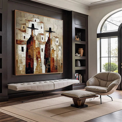 Pueblo Vigilantes Textured Abstract Cityscape Oil Painting | Abstract mood, soft natural light studio shot