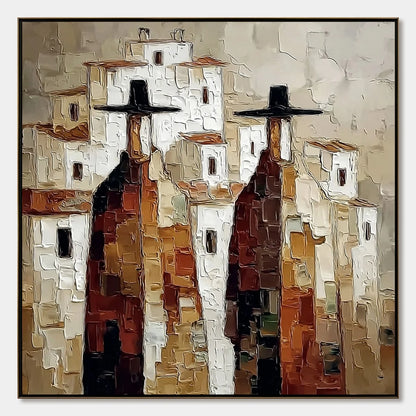 Pueblo Vigilantes Textured Abstract Cityscape Oil Painting | hanging in living room, Abstract wall art