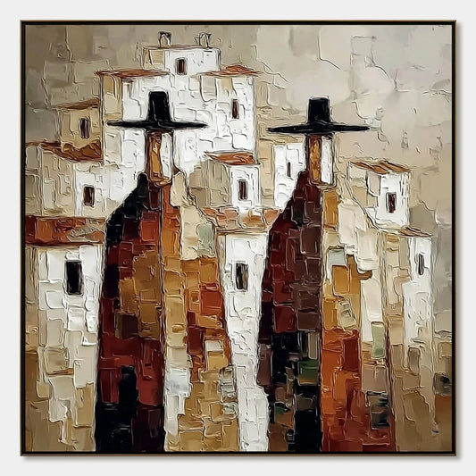 Pueblo Vigilantes Textured Abstract Cityscape Oil Painting | hanging in living room, Abstract wall art