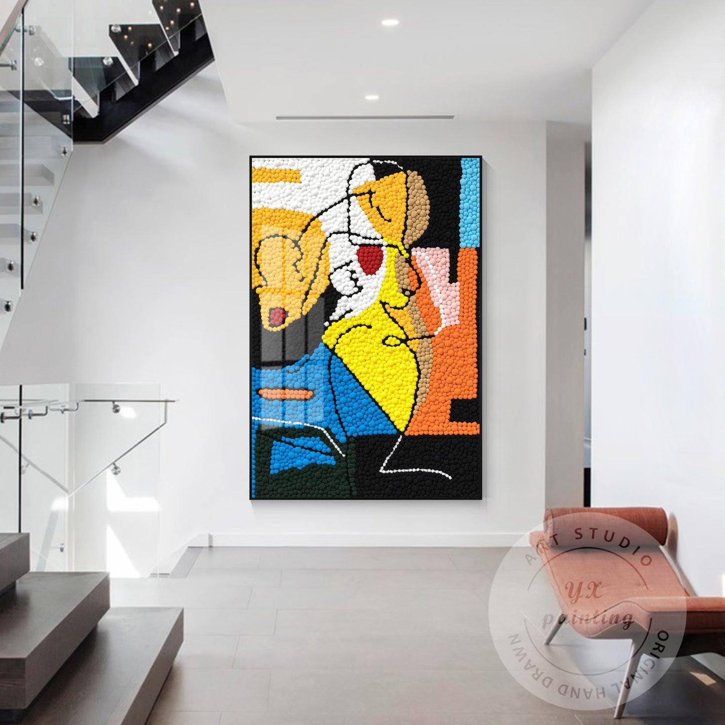 Punch Needle Heart Art, Picasso-Inspired Tufted Yarn Painting, Handmade Mid-Cent #2