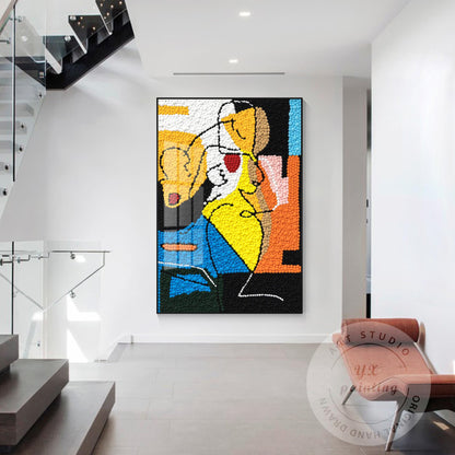 Punch Needle Heart Art, Picasso-Inspired Tufted Yarn Painting, Handmade Mid-Cent #2
