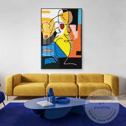 Punch Needle Heart Art, Picasso-Inspired Tufted Yarn Painting, Handmade Mid-Cent #4