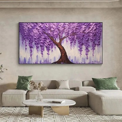 PURPLE WISTERIA: Textured Floral Painting in Purple | gold frame stretched on neutral wall