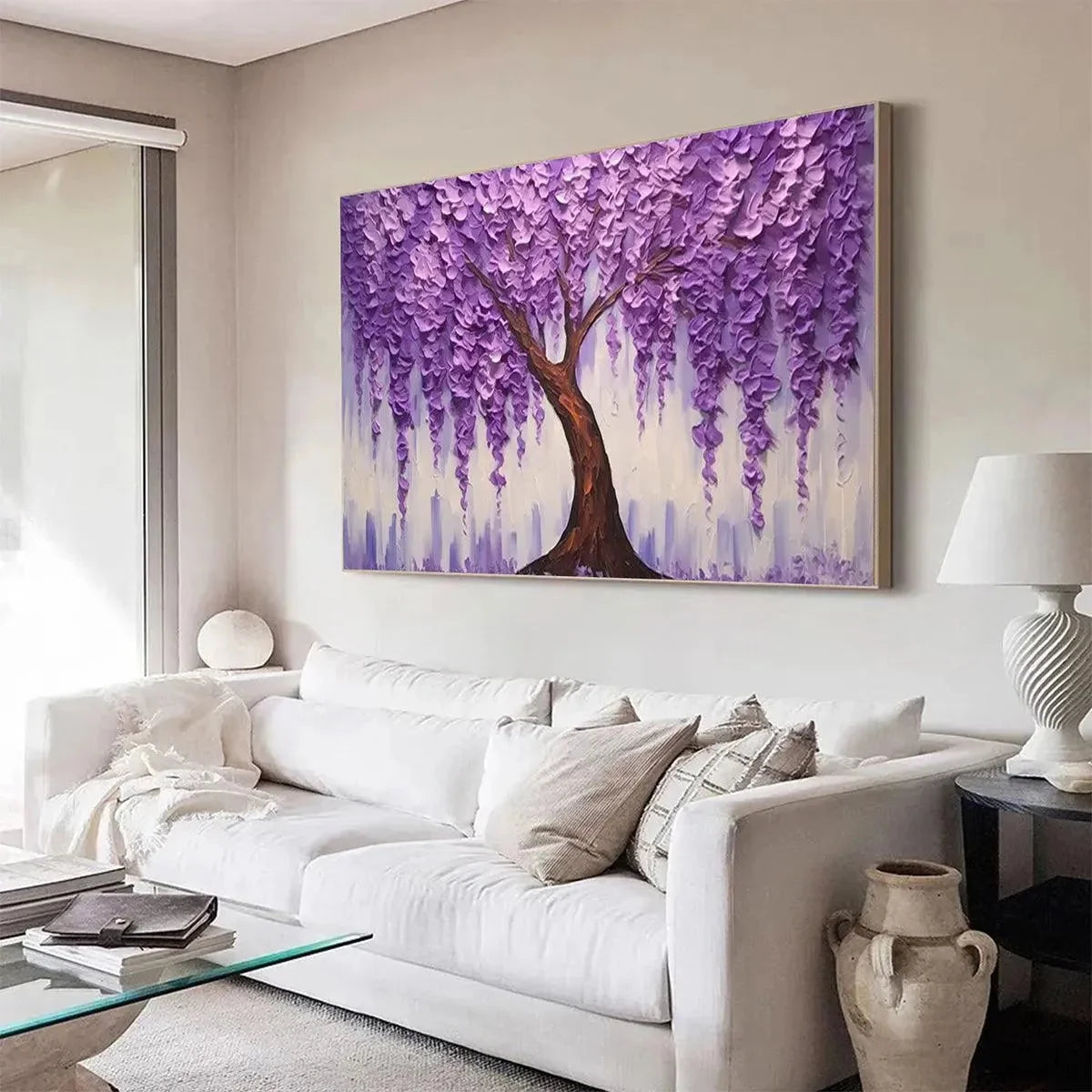 PURPLE WISTERIA: Textured Floral Painting in Purple | black frame version on white wall