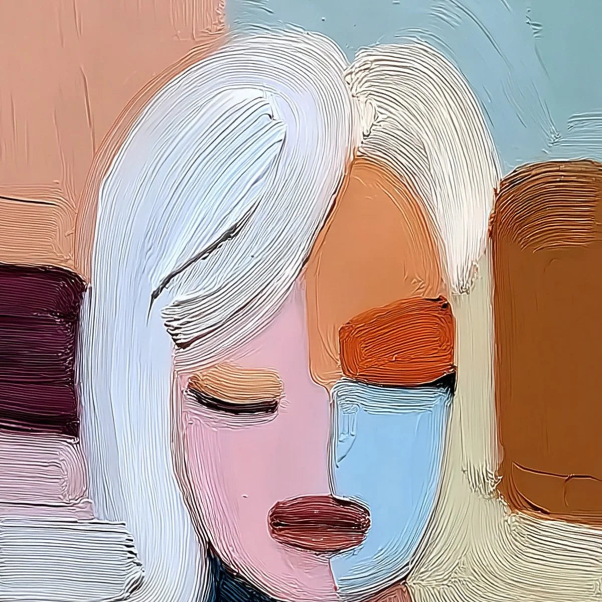 QUIET CONTEMPLATION: Textured Abstract Portrait Oil Painting | rectangular format, hand-painted canvas edge